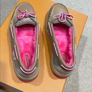 Sperry Tan Boat Shoes with Pink Accents